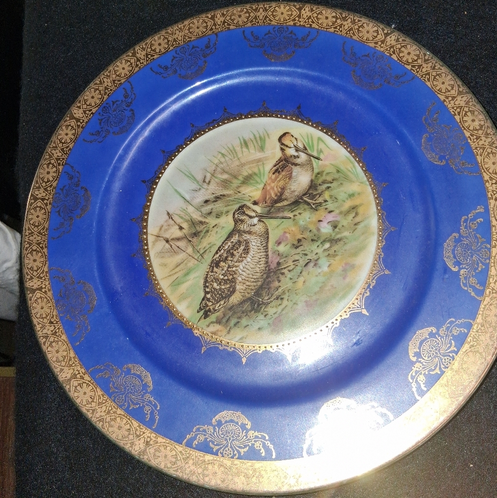 Blue and Gold Decorative Plates with Bird Design Set Of 2